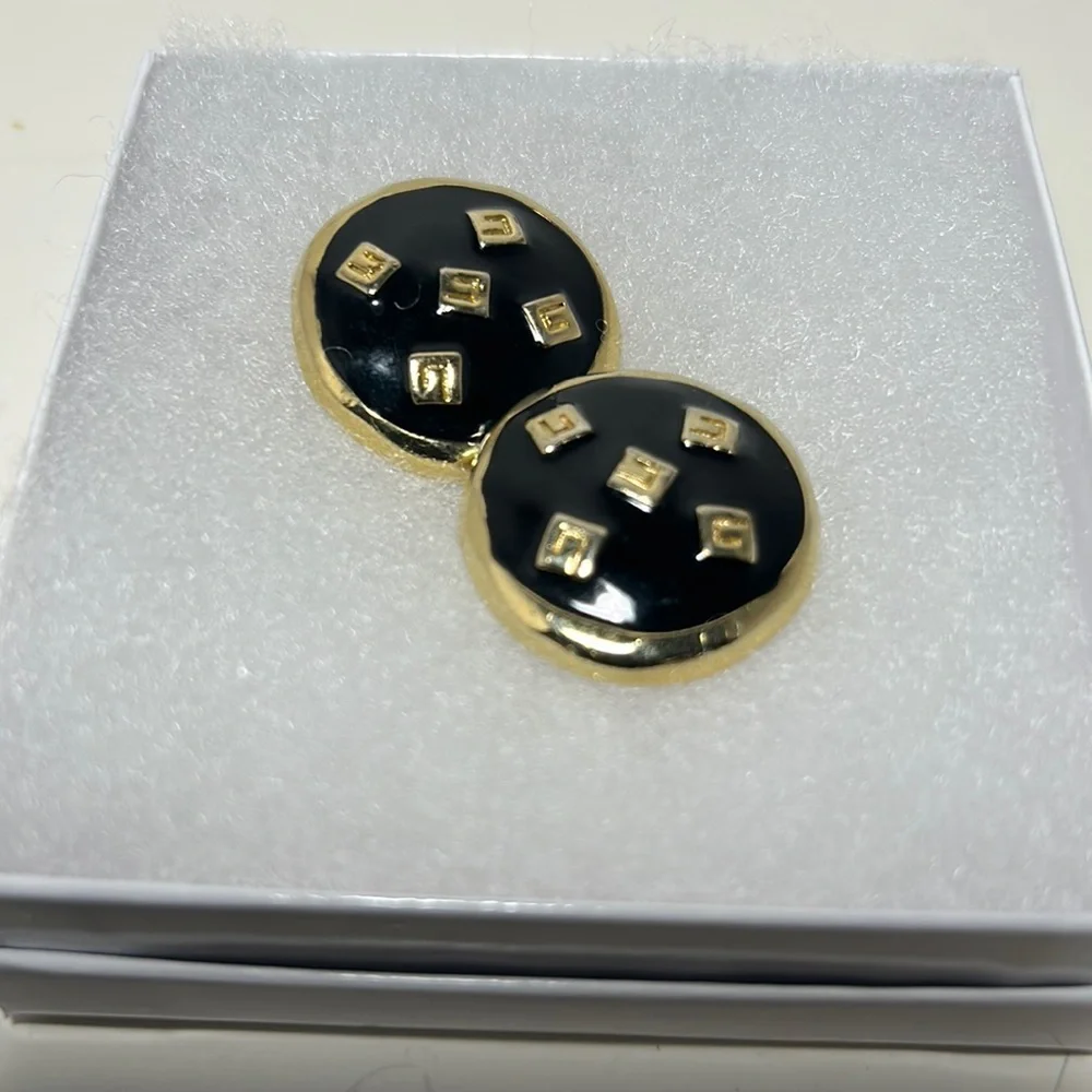 Givenchy earrings clip black gold tone small letter logo vintage formal classic